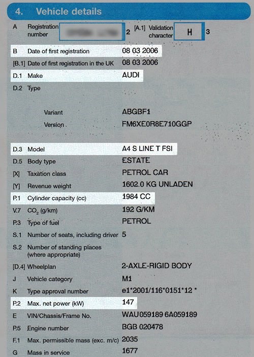 Registration card showing vehicle details